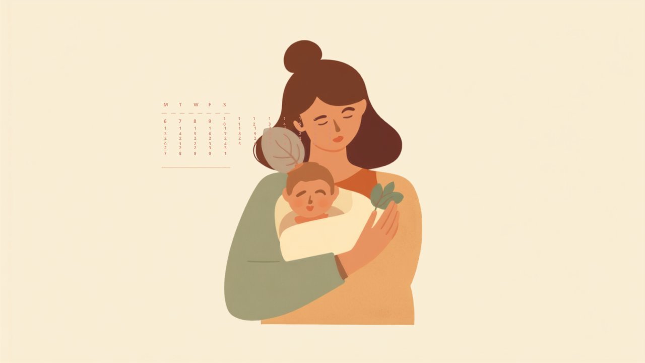 Illustration: Mutter hält ihr Baby zärtlich im Arm, im Hintergrund ein Kalender