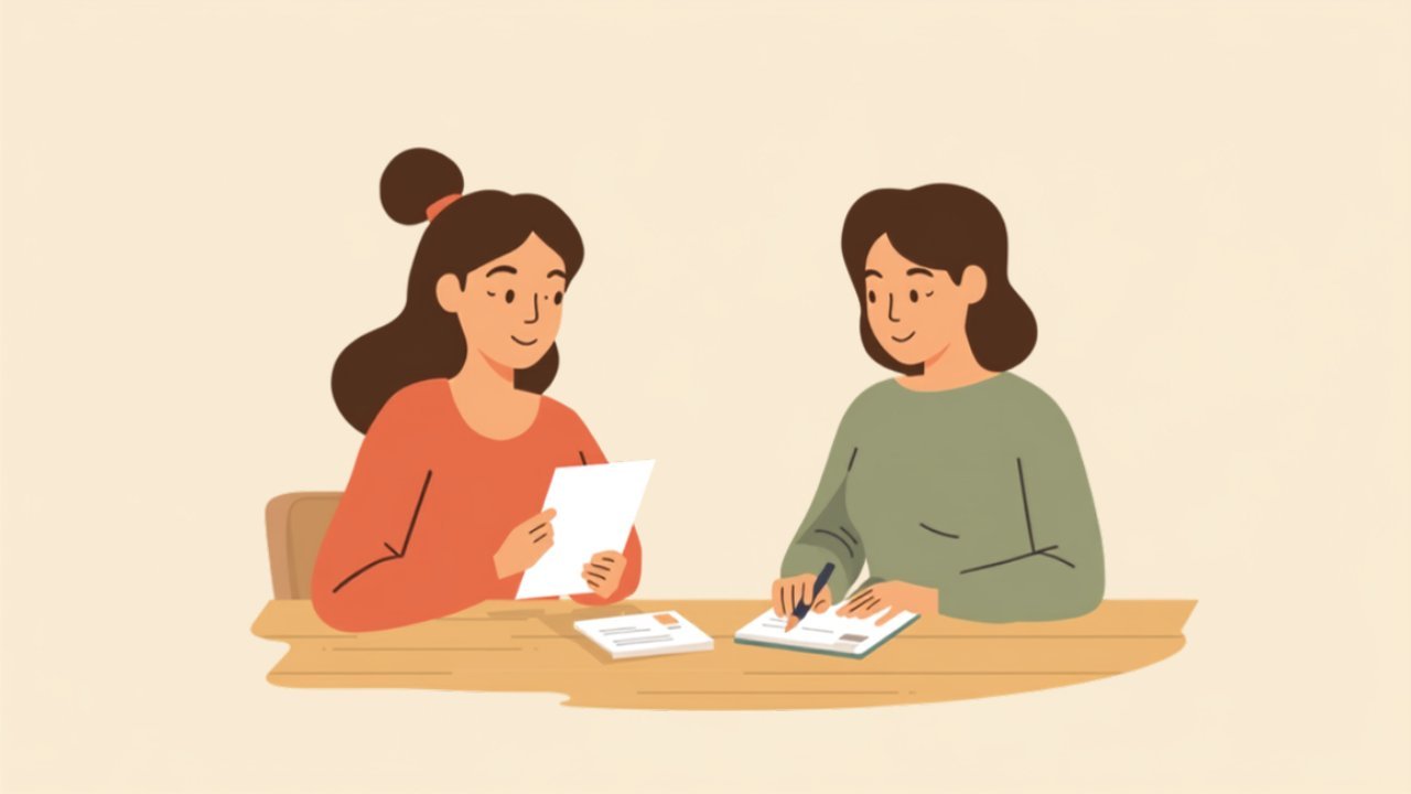 Illustration: Mutter und Tagesmutter besprechen und unterschreiben am Tisch ein Dokument