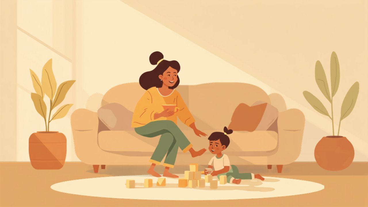 Illustration: Tagesmutter mit Tee auf dem Sofa, ein Kleinkind spielt mit Holzklötzen davor