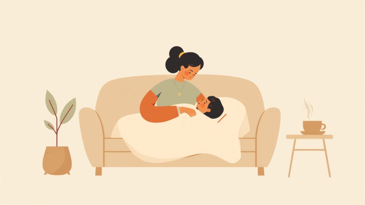 Illustration: Tagesmutter kümmert sich um ein ruhendes Kind unter einer Decke auf dem Sofa