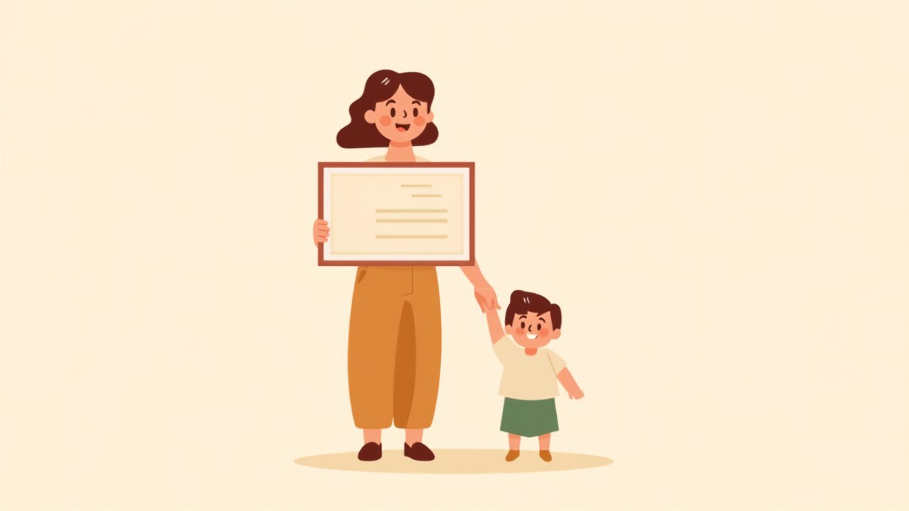 Illustration: Tagesmutter hält stolz eine gerahmte Urkunde und die Hand eines Kindes