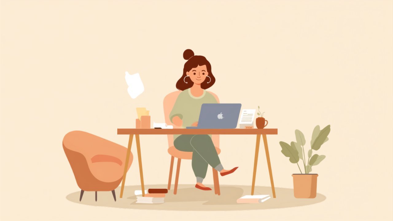 Illustration: Tagesmutter sitzt am Schreibtisch mit Laptop und Unterlagen und organisiert ihre Selbstständigkeit