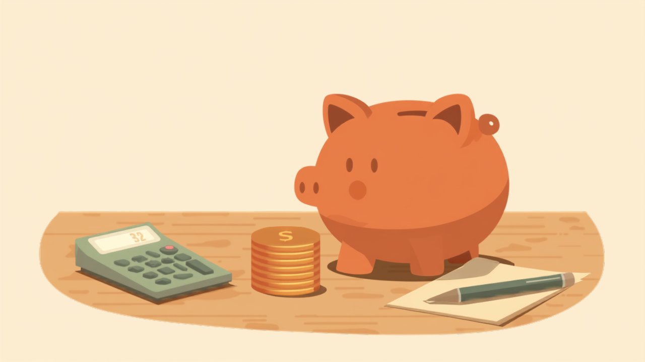 Illustration: Sparschwein, Münzen, ein Taschenrechner und ein Dokument mit Stift auf einem Tisch
