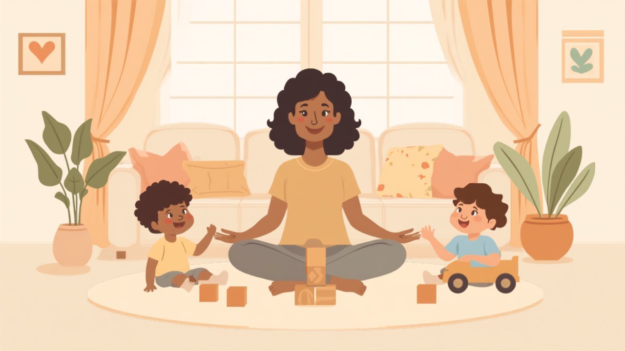 Illustration: Tagesmutter spielt mit zwei Kleinkindern und Holzklötzen im Wohnzimmer