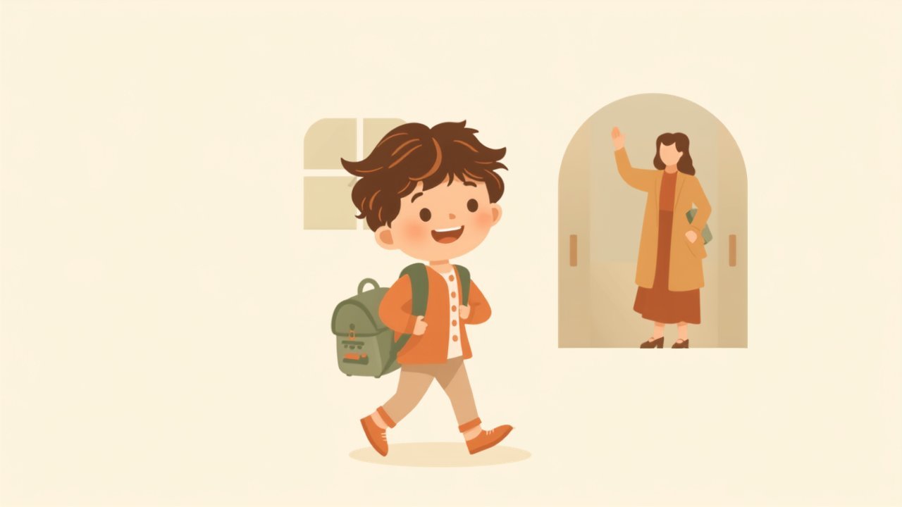 Illustration: Kind mit Rucksack geht zum Kindergarten, die Tagesmutter winkt zum Abschied